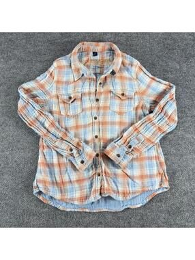 Vanilla Star Lightweight Orange‎ Blue Plaid Button-Up Shirt Large - Flannel